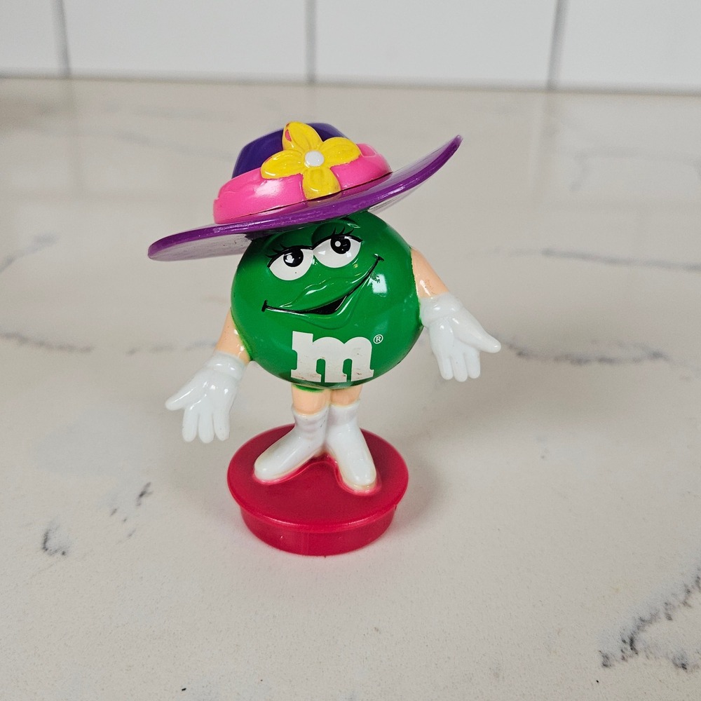 Vintage 1998 Green M&M Character Figure Purple Pink Hat Cake Topper Toy Kidcore